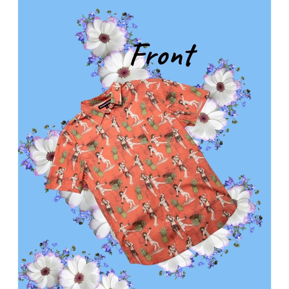 NWT Psycho Tuna “Hula Girl” Men’s Short Sleeve Button Down Shirt S Peach Echo